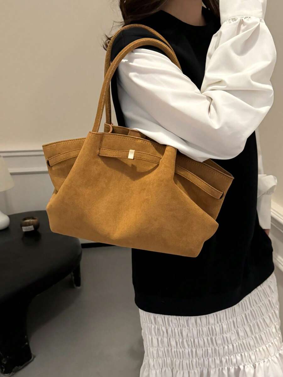 Dedoo 1pc Faux Suede Tote Bag, Large Capacity Solid Color Women's Handbag, Mature Elegant Style, Vintage Commuter Bag