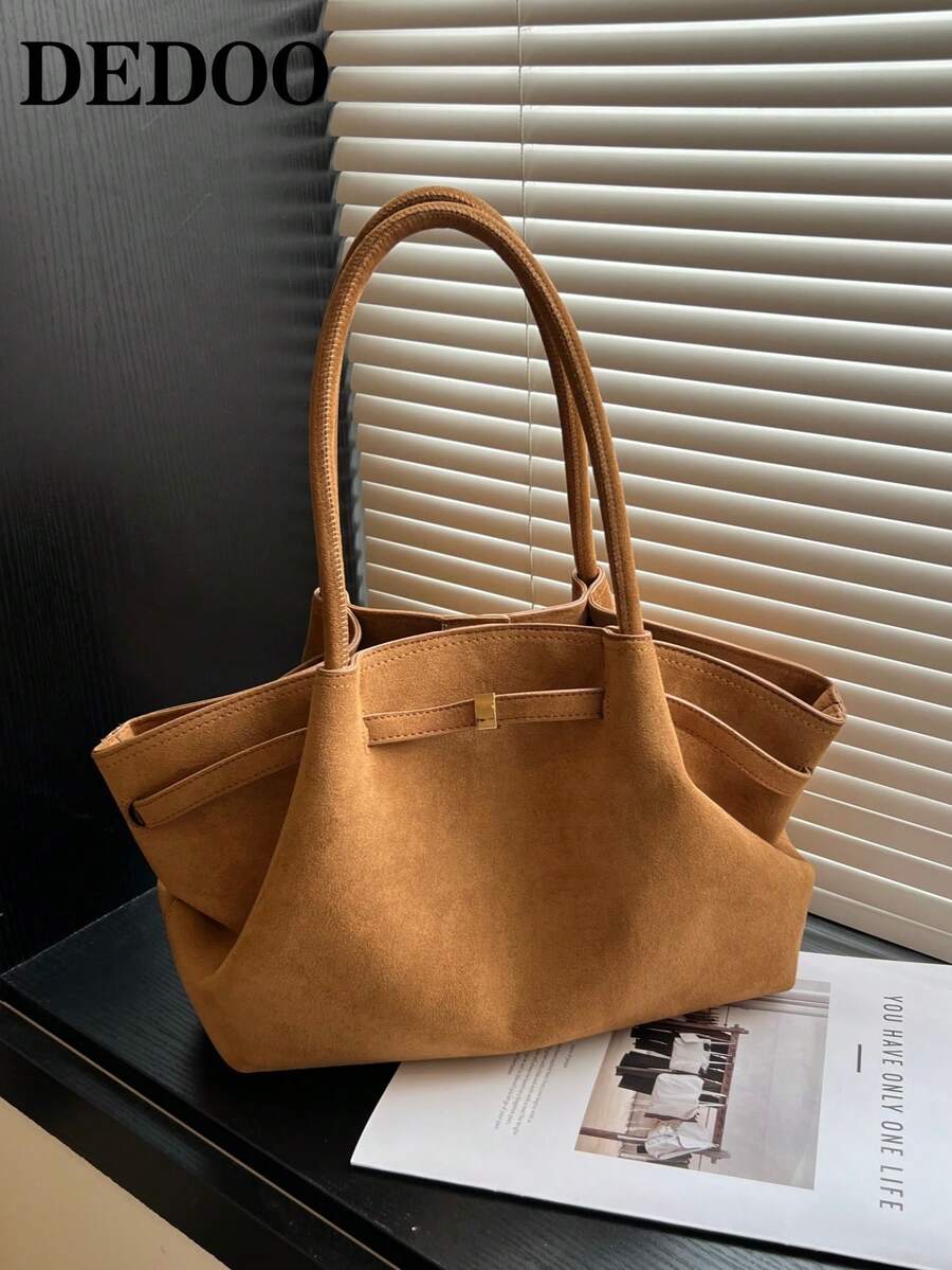 Dedoo 1pc Faux Suede Tote Bag, Large Capacity Solid Color Women's Handbag, Mature Elegant Style, Vintage Commuter Bag