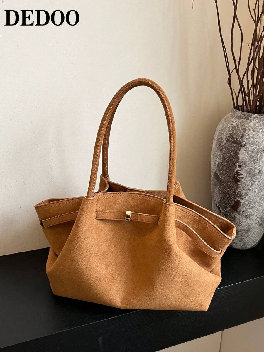 Dedoo 1pc Faux Suede Tote Bag, Large Capacity Solid Color Women's Handbag, Mature Elegant Style, Vintage Commuter Bag