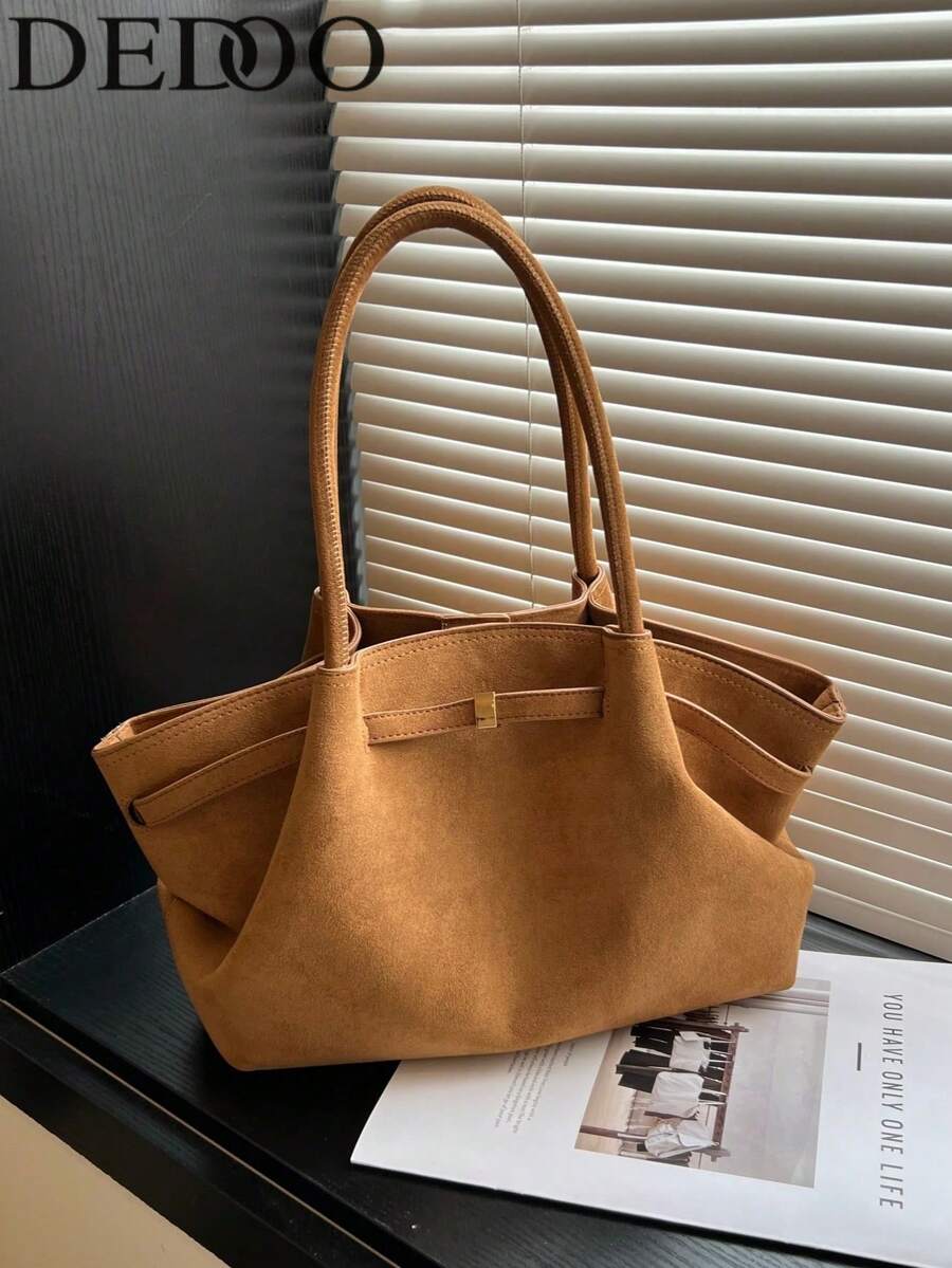 Dedoo 1pc Faux Suede Tote Bag, Large Capacity Solid Color Women's Handbag, Mature Elegant Style, Vintage Commuter Bag