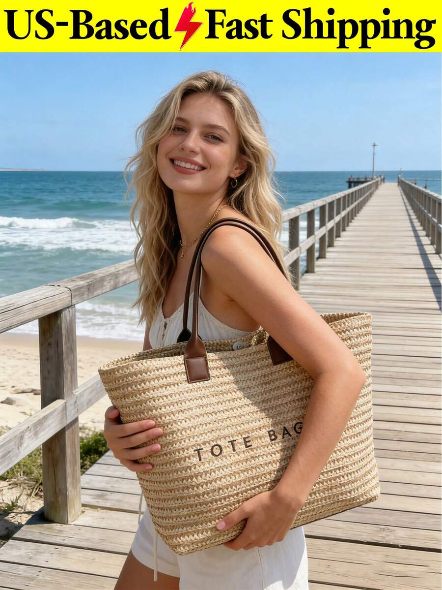 Summer Large Capacity Letter Decor Straw Beach Bag For Women Casual Woven Shoulder Handbag Tote Beach Brown Purse For Travel Vacation Birthday Gift