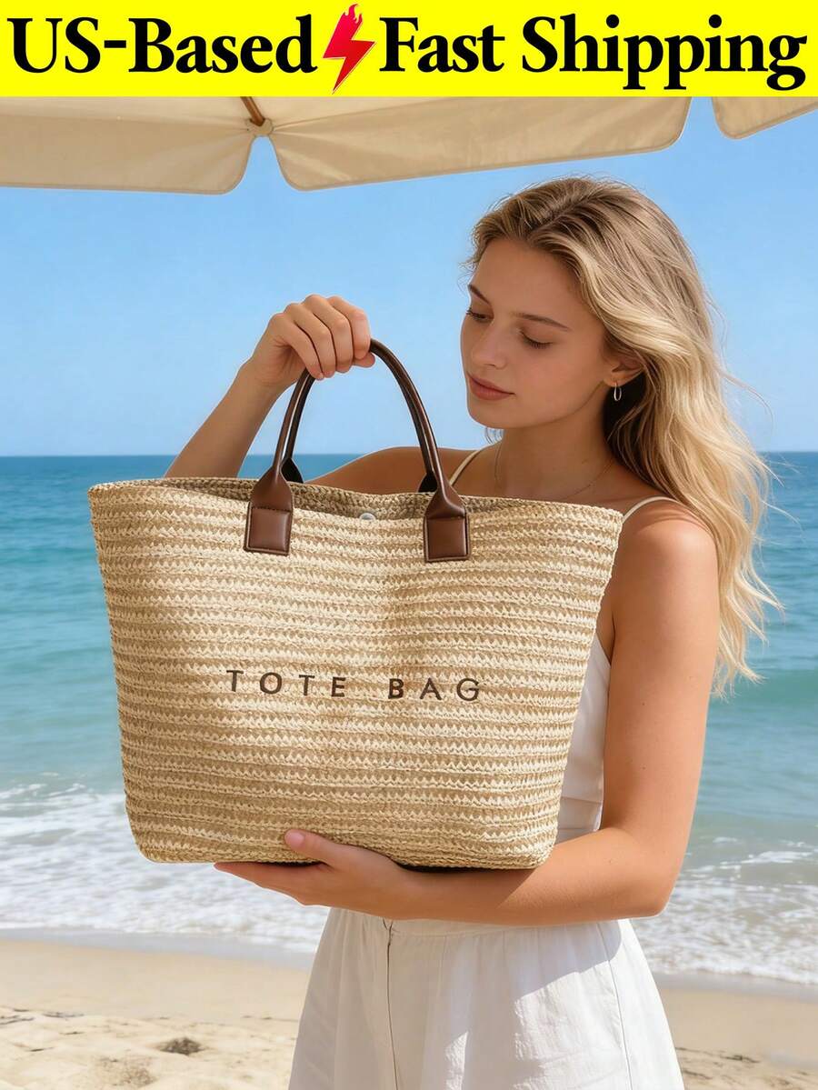 Summer Large Capacity Letter Decor Straw Beach Bag For Women Casual Woven Shoulder Handbag Tote Beach Brown Purse For Travel Vacation Birthday Gift