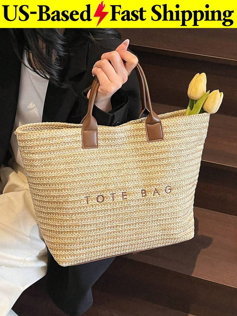 Summer Large Capacity Letter Decor Straw Beach Bag For Women Casual Woven Shoulder Handbag Tote Beach Brown Purse For Travel Vacation Birthday Gift