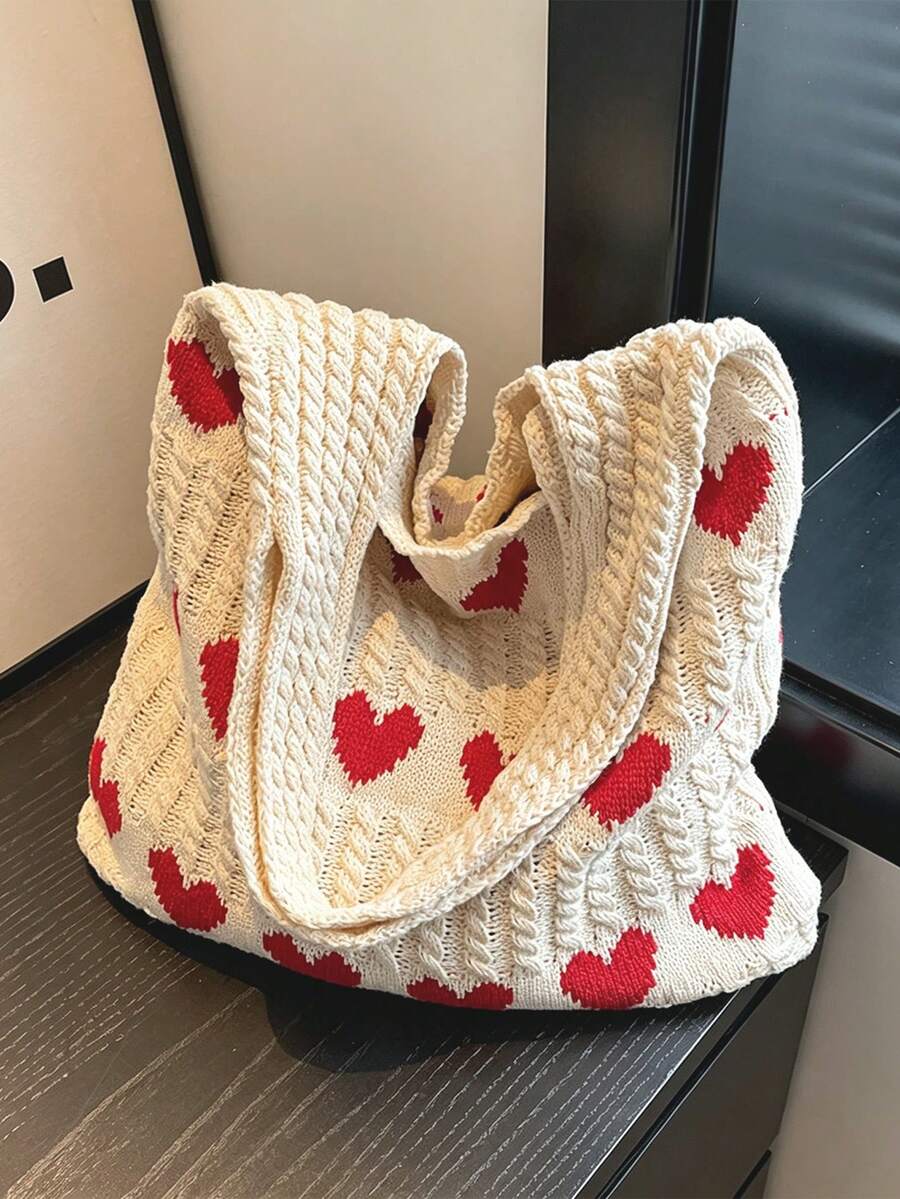 Summer Heart Pattern Knitted Tote Bag Beach Bag Casual Large Capacity Crochet Shoulder Bag Sweet Red Purse Handbag Woven Bag Travel Essential Vocation