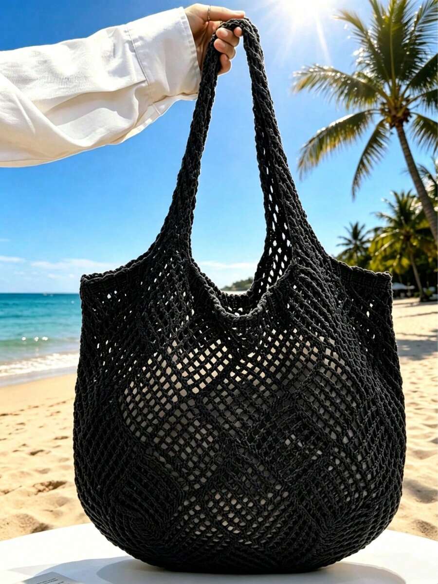 Summer Large Capacity Hollow Knit Tote Bag, Women's Lightweight Breathable Solid Color Woven Handbag, Suitable For Beach Travel Vacation Beach Bag
