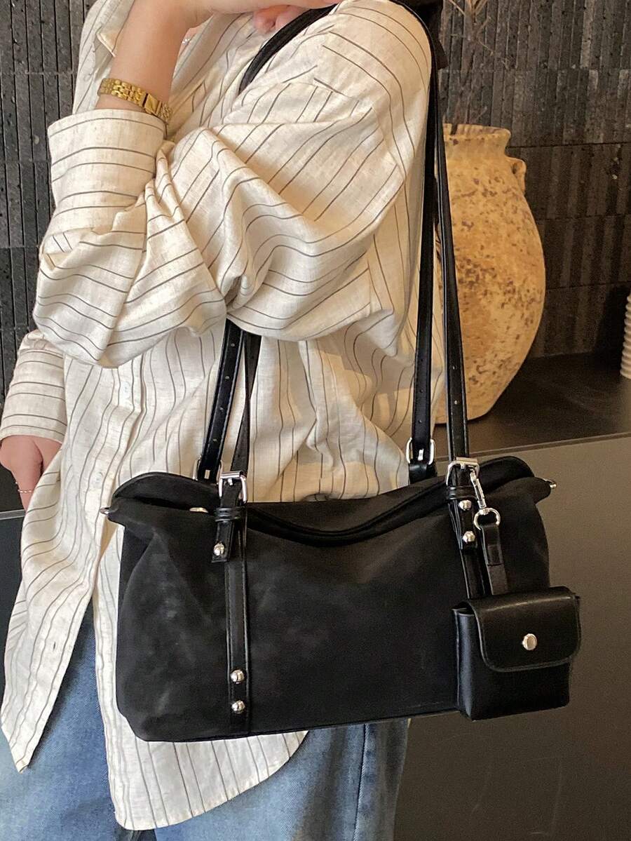 Simple Retro Fashion Shoulder Bag,Classic Tote Bag With Synthetic Leather Shoulder Strap Design,Equipped With A Small Bag,Suitable For Shopping Dating