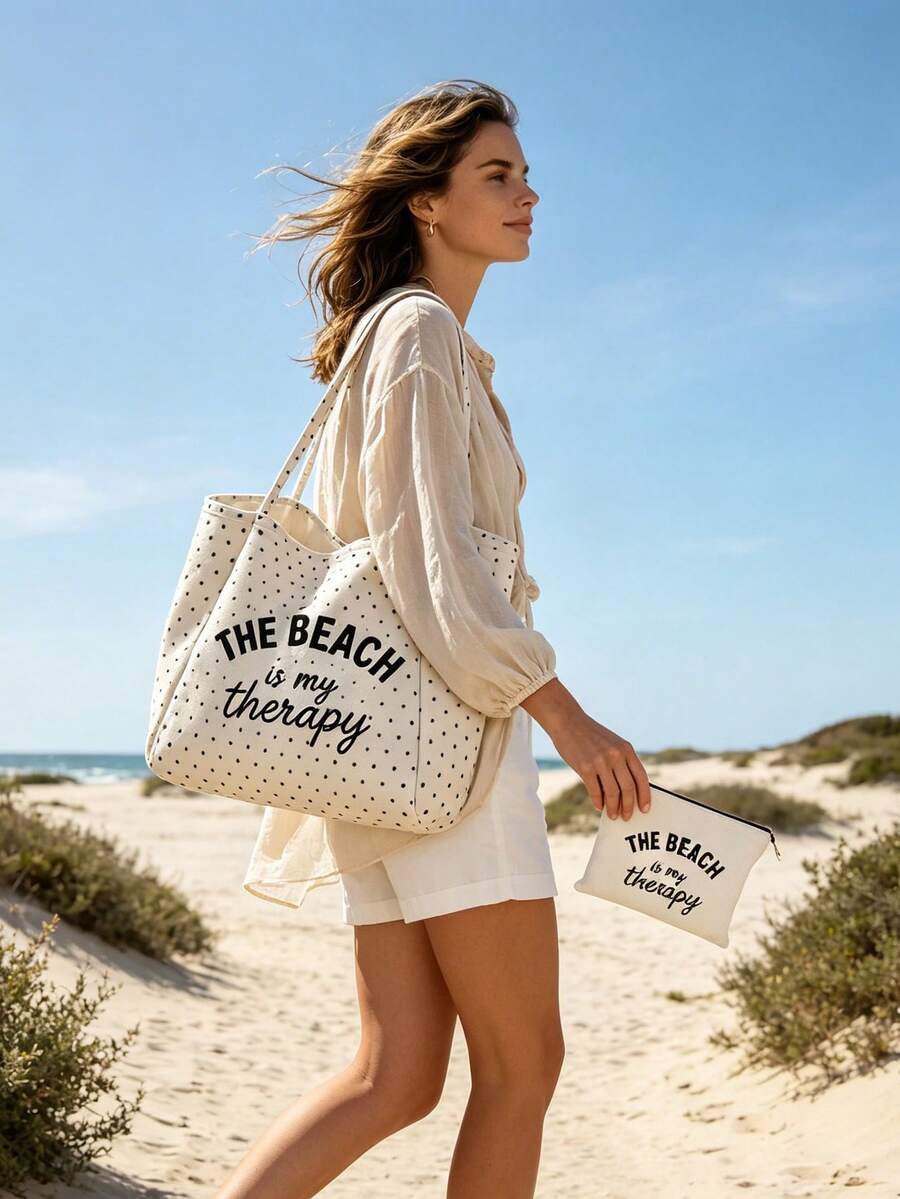 "Beach Therapy" Pattern White Polka Dot Beach Tote Bag Set With Star Charm, Large Capacity Foldable, Cute Dopamine Fashion Tote Bag, Suitable As Shopping Bag, Travel Bag, Commuter Bag, Ideal For Beach