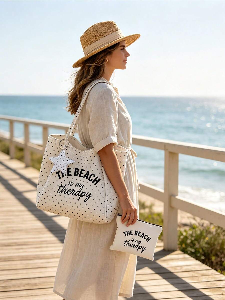 "Beach Therapy" Pattern White Polka Dot Beach Tote Bag Set With Star Charm, Large Capacity Foldable, Cute Dopamine Fashion Tote Bag, Suitable As Shopping Bag, Travel Bag, Commuter Bag, Ideal For Beach