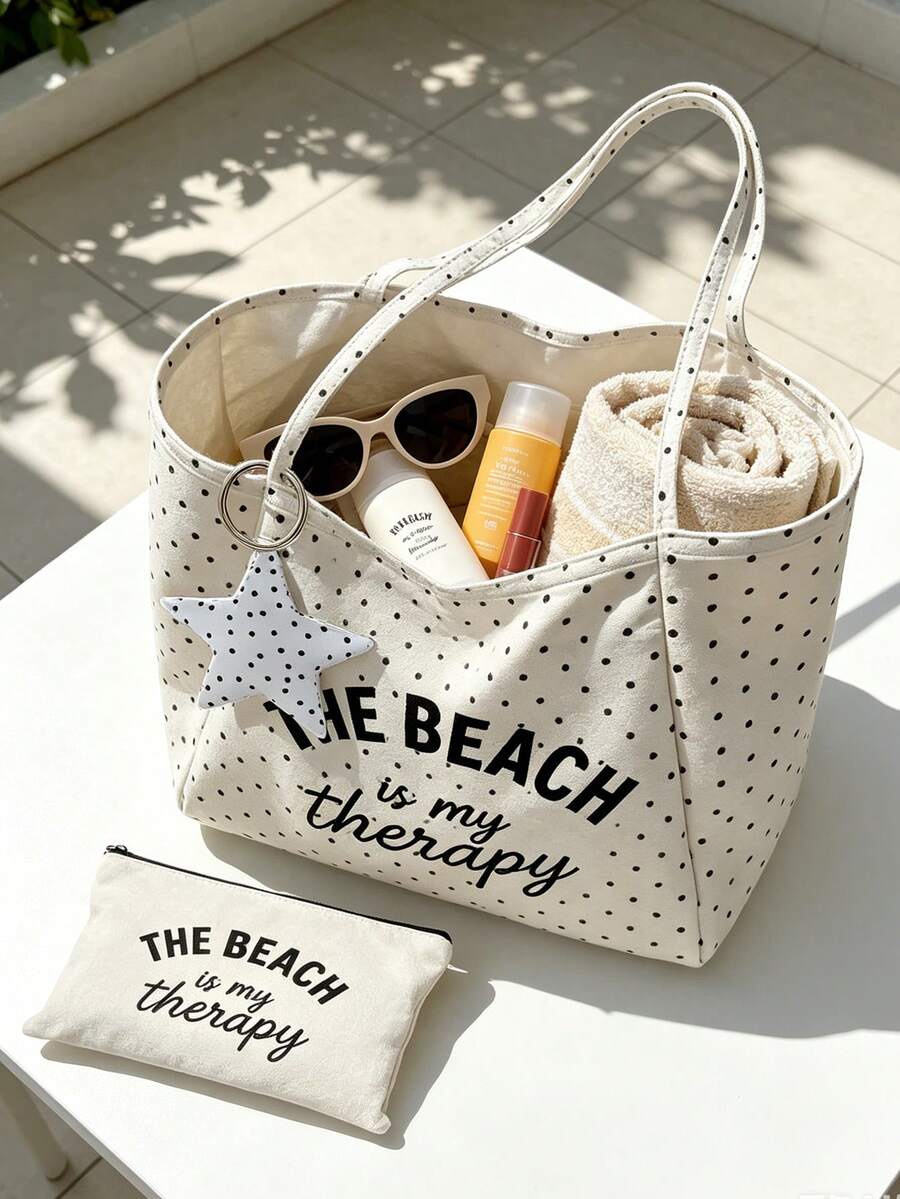 "Beach Therapy" Pattern White Polka Dot Beach Tote Bag Set With Star Charm, Large Capacity Foldable, Cute Dopamine Fashion Tote Bag, Suitable As Shopping Bag, Travel Bag, Commuter Bag, Ideal For Beach