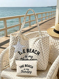"Beach Therapy" Pattern White Polka Dot Beach Tote Bag Set With Star Charm
