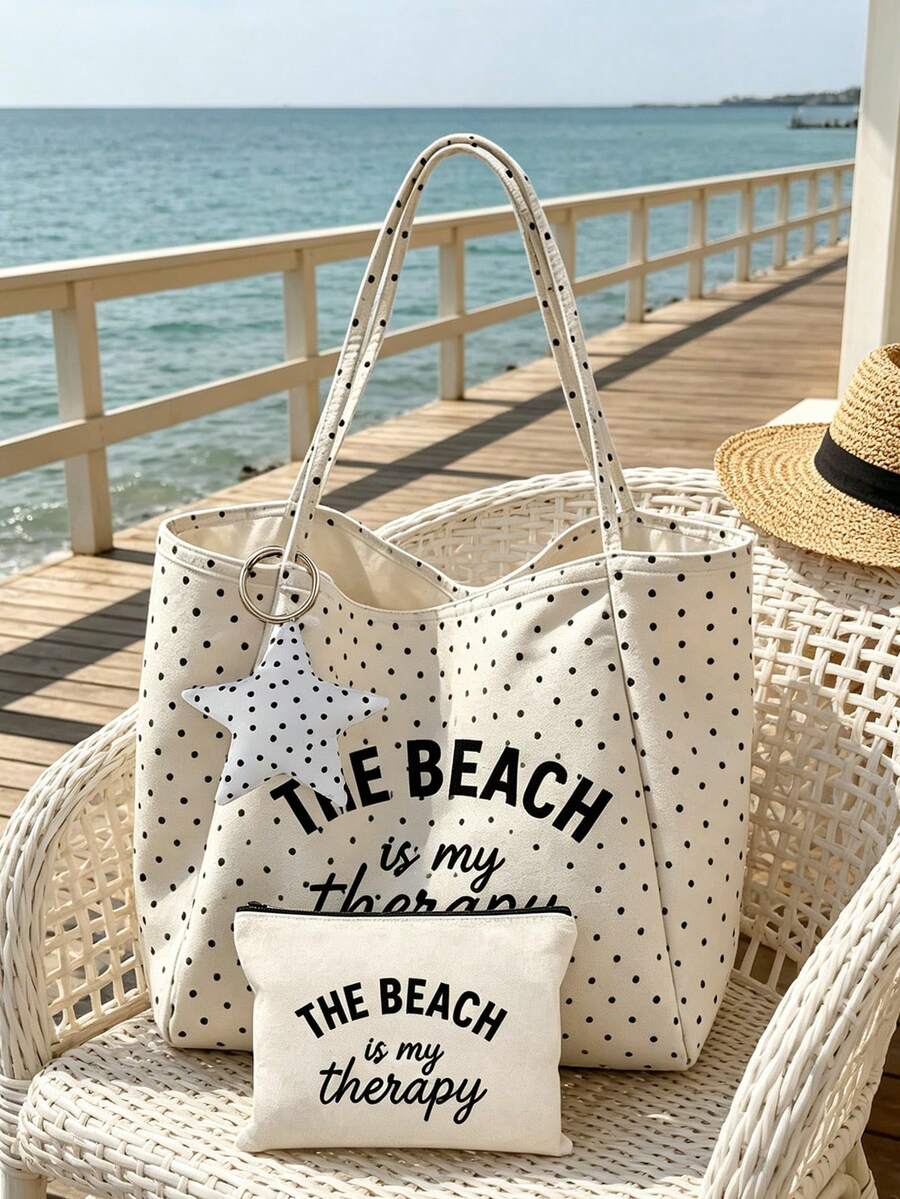 "Beach Therapy" Pattern White Polka Dot Beach Tote Bag Set With Star Charm, Large Capacity Foldable, Cute Dopamine Fashion Tote Bag, Suitable As Shopping Bag, Travel Bag, Commuter Bag, Ideal For Beach
