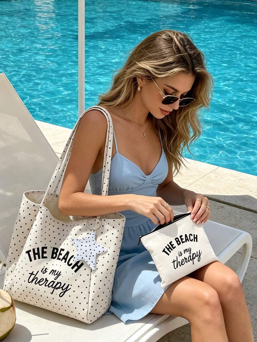 "Beach Therapy" Pattern White Polka Dot Beach Tote Bag Set With Star Charm, Large Capacity Foldable, Cute Dopamine Fashion Tote Bag, Suitable As Shopping Bag, Travel Bag, Commuter Bag, Ideal For Beach