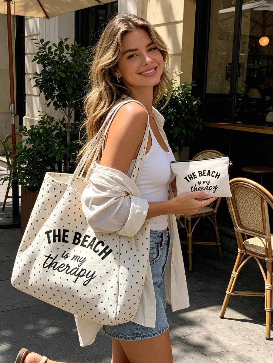"Beach Therapy" Pattern White Polka Dot Beach Tote Bag Set With Star Charm, Large Capacity Foldable, Cute Dopamine Fashion Tote Bag, Suitable As Shopping Bag, Travel Bag, Commuter Bag, Ideal For Beach