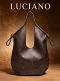 Brown PU Leather Korean French Casual Minimalist Style Large Capacity Tote Bag, Vintage Slouchy Drawstring Shoulder Bag, Multifunctional Premium Commuter Pleated Shopping Bag, Suitable For Girls, Stud