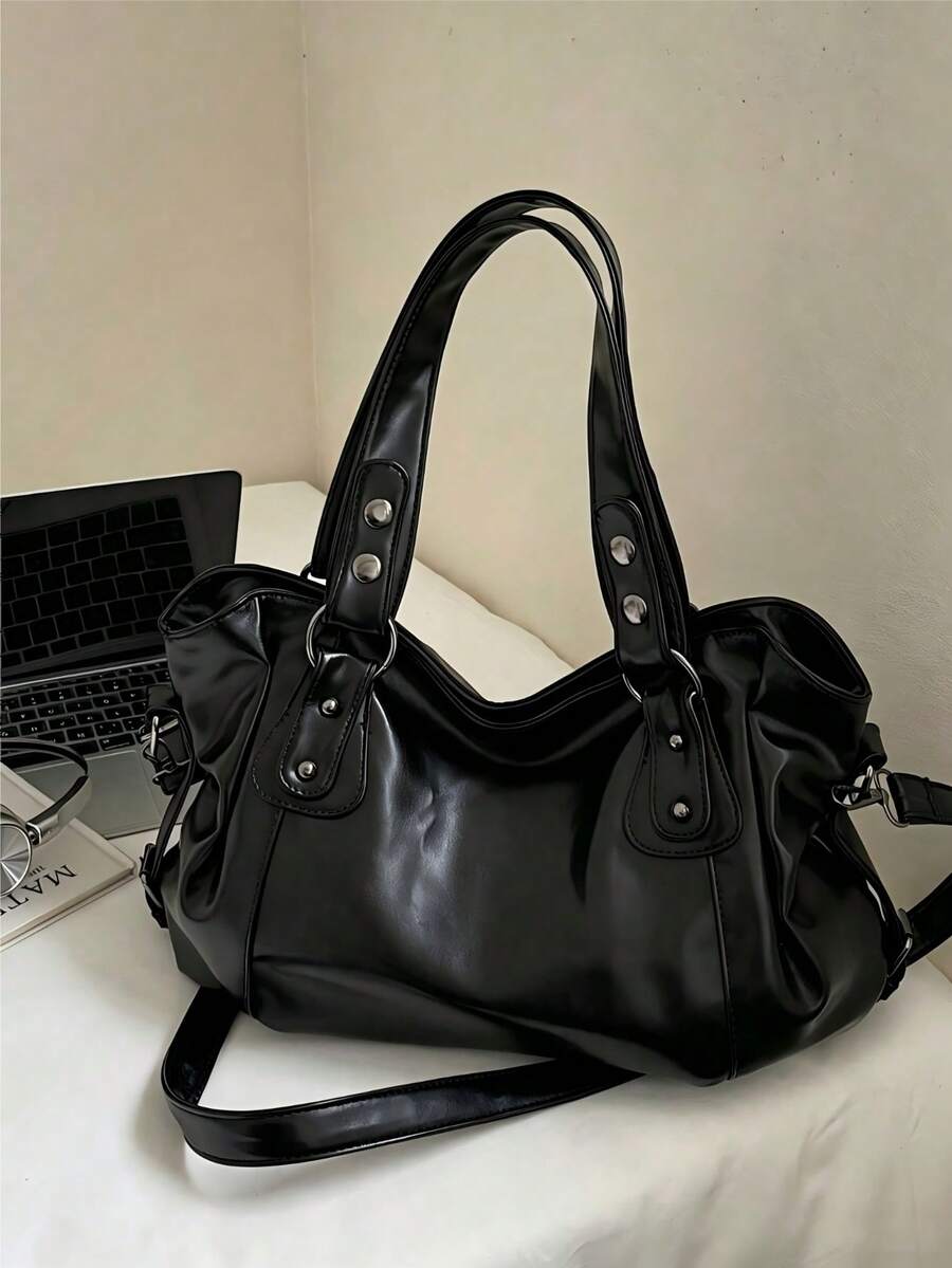 This Is A Fashionable And Minimalist Black Large-Capacity Women's Handbag, Featuring Smooth Metal Zippers, Dual Top Handles, And An Adjustable Long Shoulder Strap. The Ladies Can Wear It On The Should