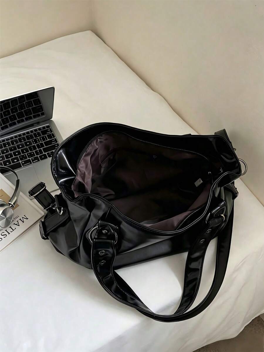 This Is A Fashionable And Minimalist Black Large-Capacity Women's Handbag, Featuring Smooth Metal Zippers, Dual Top Handles, And An Adjustable Long Shoulder Strap. The Ladies Can Wear It On The Should