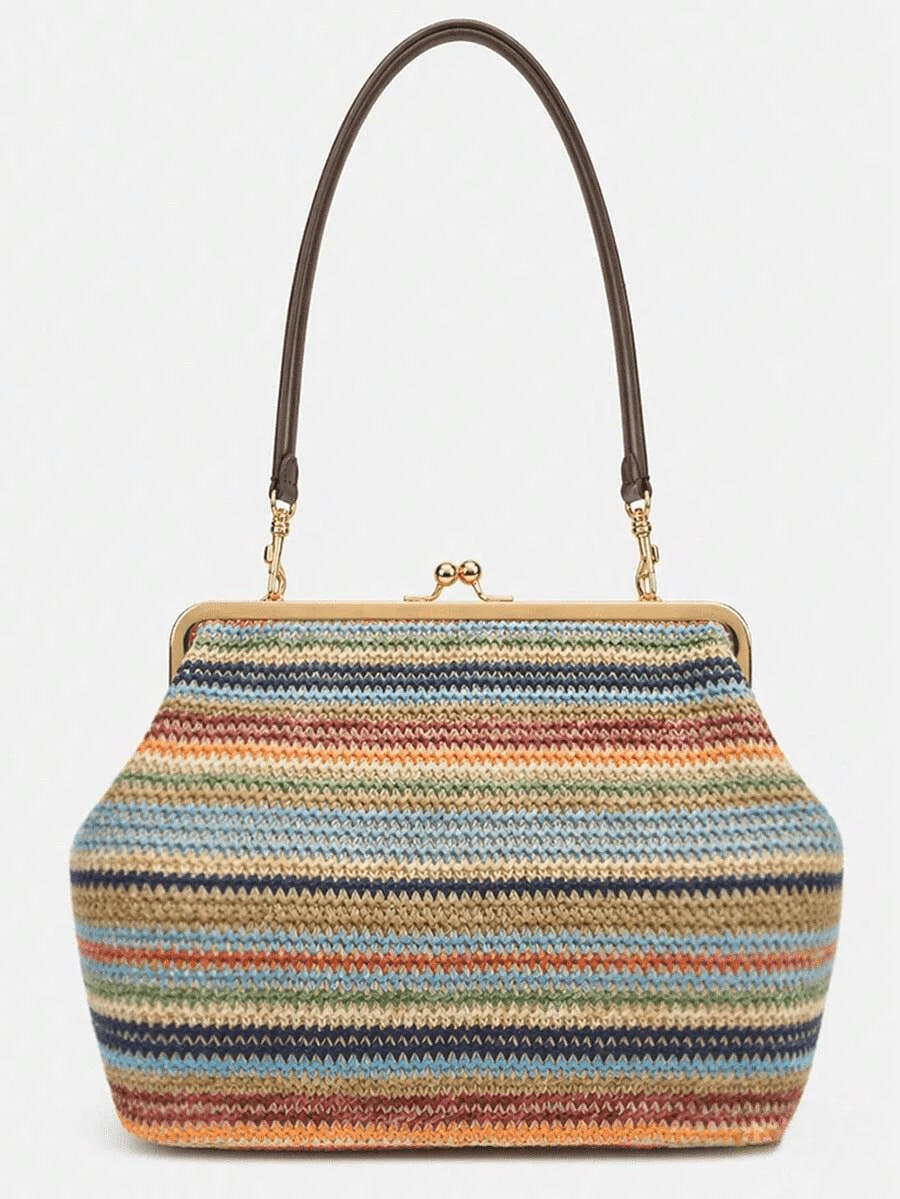Fashionable Large Striped Clasp Shell Women's Shoulder Bag Designer PP Straw Woven Tote Bag Luxury Casual Summer Beach Woven Clutch Bag For Vacation