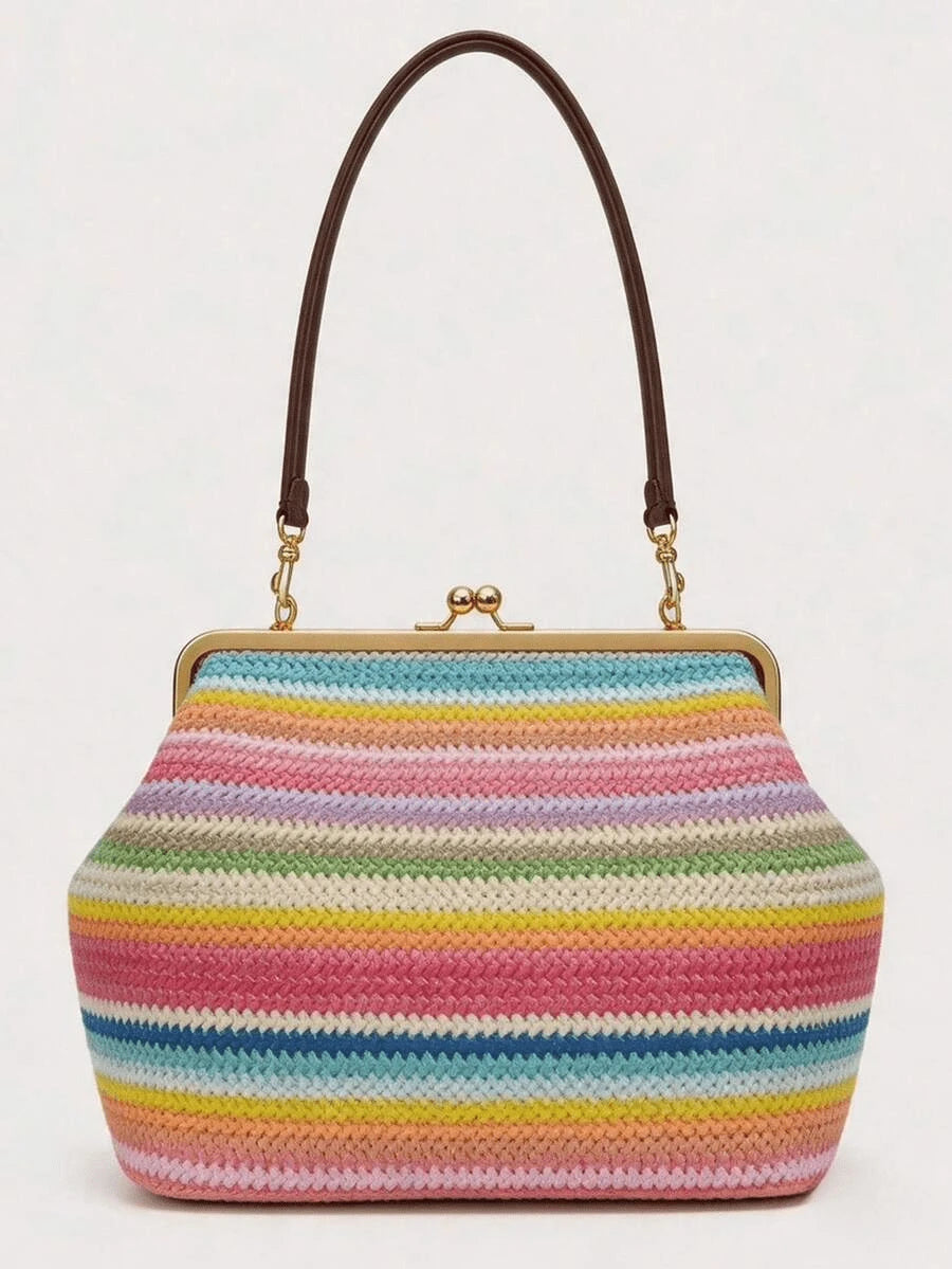 Fashionable Large Striped Clasp Shell Women's Shoulder Bag Designer PP Straw Woven Tote Bag Luxury Casual Summer Beach Woven Clutch Bag For Vacation