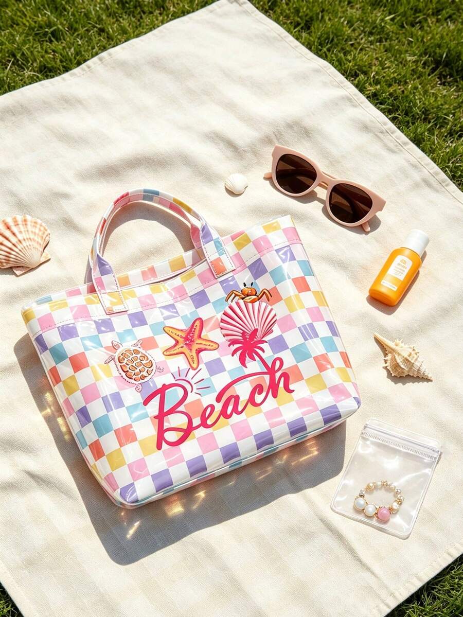 Colorful Striped Beach Tote Bag With Matching Mini Cosmetic Pouch, "BEACH" Floral Print, Tassel Zipper, Waterproof PVC Travel Organizer Bag, Can Hold Laptop, Tablet, Wallet, Toiletries, Lipstick And S