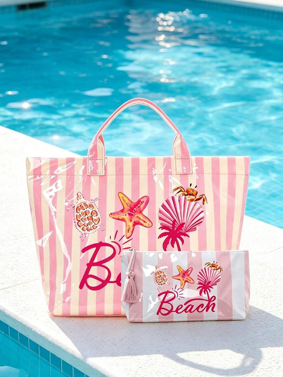 Colorful Striped Beach Tote Bag With Matching Mini Cosmetic Pouch, "BEACH" Floral Print, Tassel Zipper, Waterproof PVC Travel Organizer Bag, Can Hold Laptop, Tablet, Wallet, Toiletries, Lipstick And S