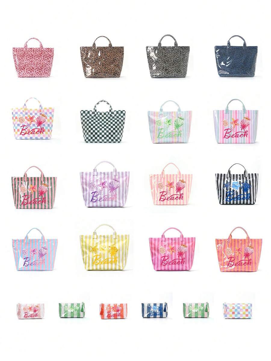 Colorful Striped Beach Tote Bag With Matching Mini Cosmetic Pouch, "BEACH" Floral Print, Tassel Zipper, Waterproof PVC Travel Organizer Bag, Can Hold Laptop, Tablet, Wallet, Toiletries, Lipstick And S