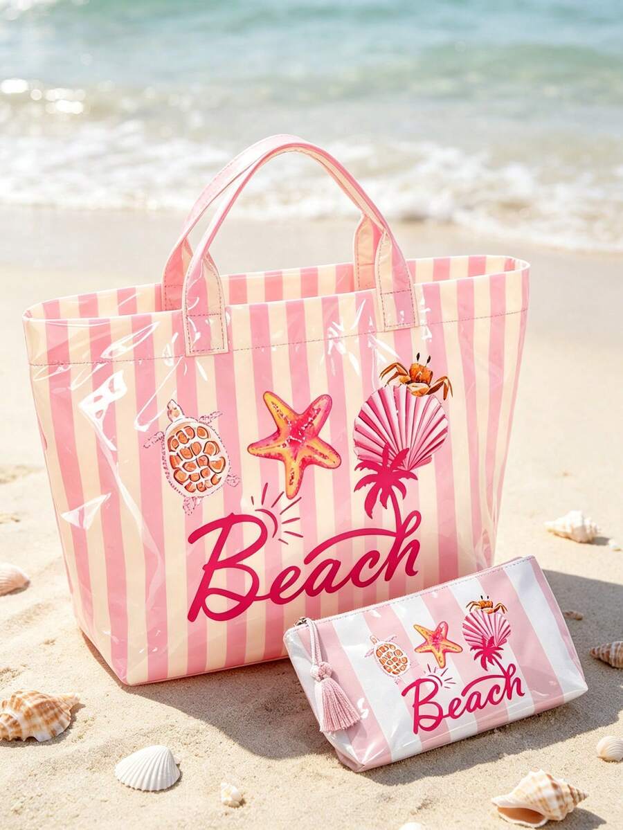 Colorful Striped Beach Tote Bag With Matching Mini Cosmetic Pouch, "BEACH" Floral Print, Tassel Zipper, Waterproof PVC Travel Organizer Bag, Can Hold Laptop, Tablet, Wallet, Toiletries, Lipstick And S