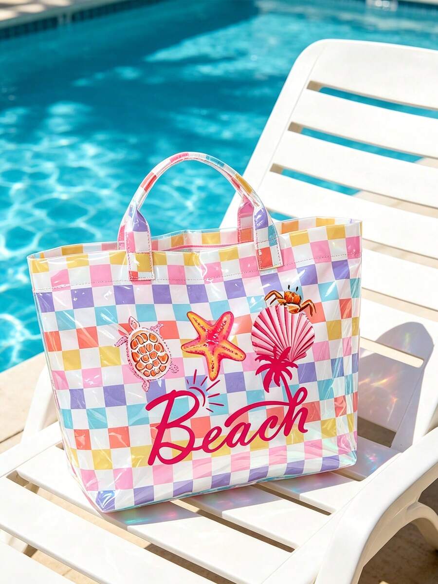 Colorful Striped Beach Tote Bag With Matching Mini Cosmetic Pouch, "BEACH" Floral Print, Tassel Zipper, Waterproof PVC Travel Organizer Bag, Can Hold Laptop, Tablet, Wallet, Toiletries, Lipstick And S