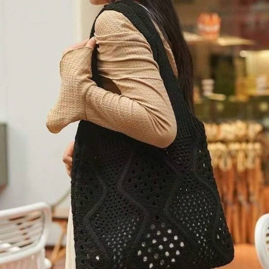Versatile Knitted 2025 Summer Tote Bag For Women, Woven Handbag, Large Capacity, New Hollow Design, Casual Style Shoulder Bag