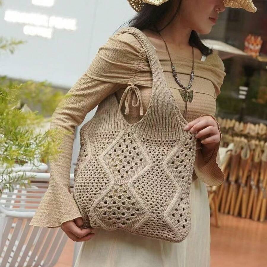 Versatile Knitted 2025 Summer Tote Bag For Women, Woven Handbag, Large Capacity, New Hollow Design, Casual Style Shoulder Bag
