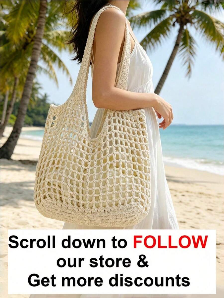 Dedoo Cream White Hollow Knit Large Capacity Tote Bag, Mesh Shopping Bag, Practical Shoulder Bag, Suitable For Vacation And Daily Outings