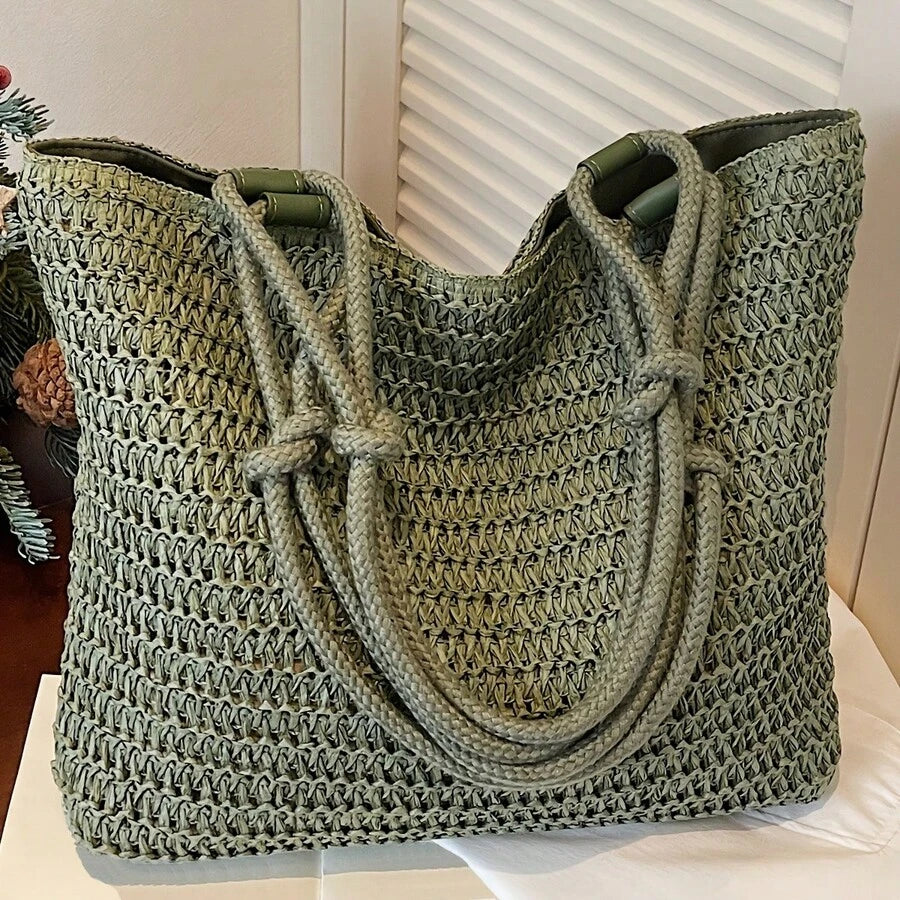 New Fashion Solid Color Straw Woven Easy Style Women'S Shoulder Bag, Large Capacity Versatile Casual Lightweight Travel Tote, Classic Square Bag