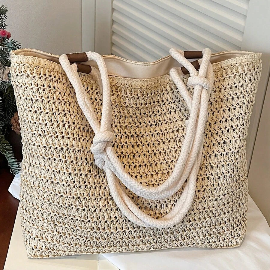 New Fashion Solid Color Straw Woven Easy Style Women'S Shoulder Bag, Large Capacity Versatile Casual Lightweight Travel Tote, Classic Square Bag