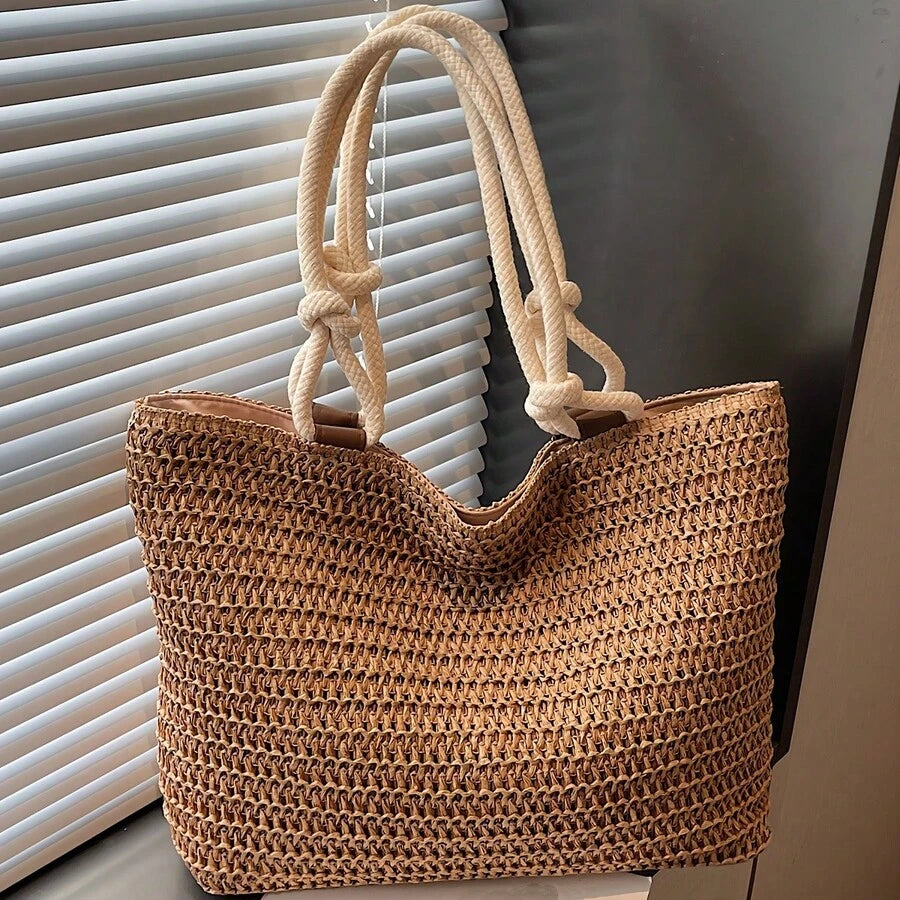 New Fashion Solid Color Straw Woven Easy Style Women'S Shoulder Bag, Large Capacity Versatile Casual Lightweight Travel Tote, Classic Square Bag