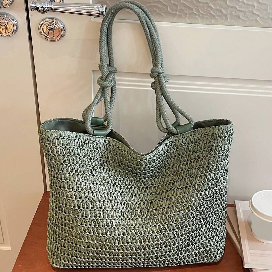 New Fashion Solid Color Straw Woven Easy Style Women'S Shoulder Bag, Large Capacity Versatile Casual Lightweight Travel Tote, Classic Square Bag