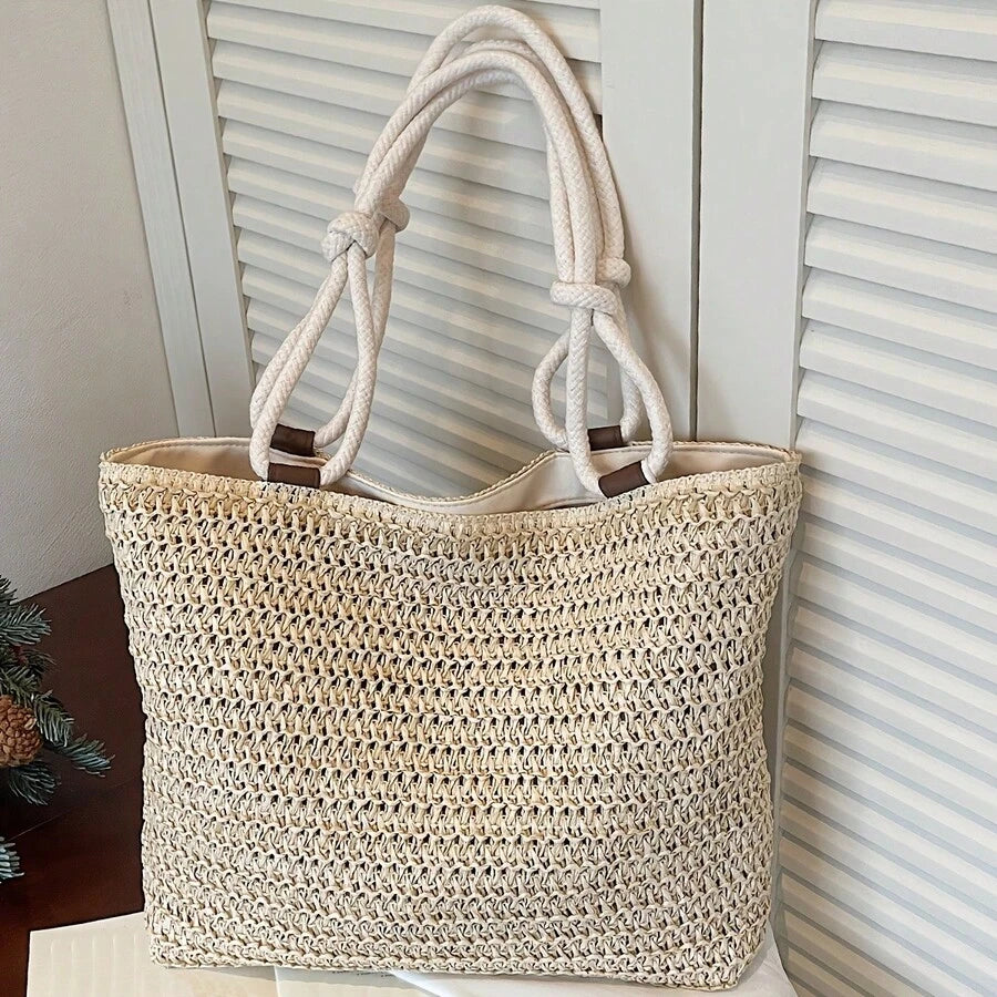 New Fashion Solid Color Straw Woven Easy Style Women'S Shoulder Bag, Large Capacity Versatile Casual Lightweight Travel Tote, Classic Square Bag