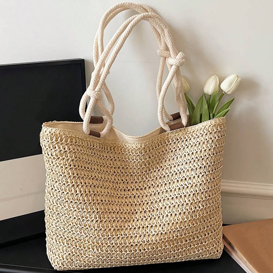 New Fashion Solid Color Straw Woven Easy Style Women'S Shoulder Bag, Large Capacity Versatile Casual Lightweight Travel Tote, Classic Square Bag