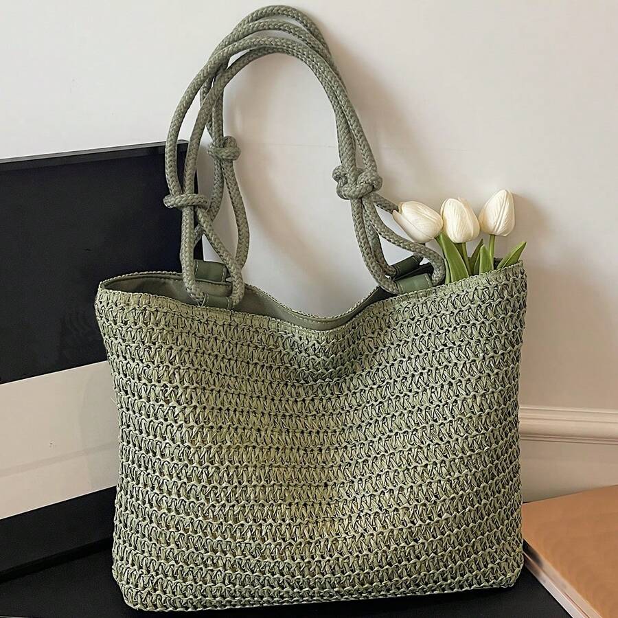 New Fashion Solid Color Straw Woven Easy Style Women'S Shoulder Bag, Large Capacity Versatile Casual Lightweight Travel Tote, Classic Square Bag