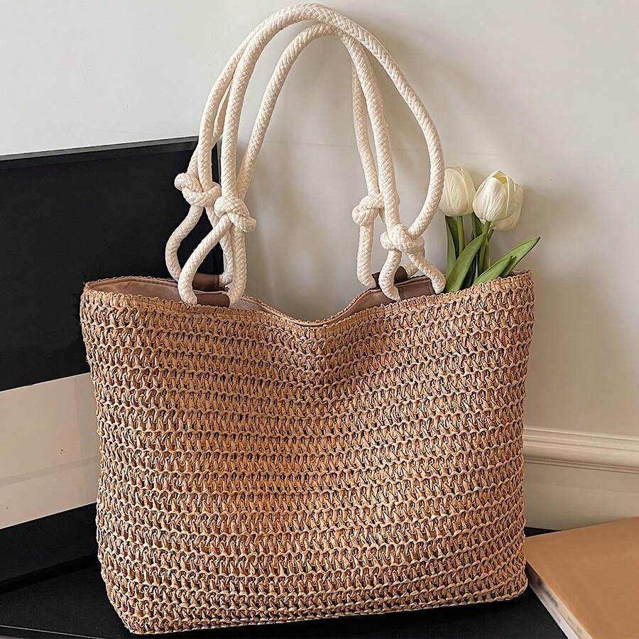 New Fashion Solid Color Straw Woven Easy Style Women'S Shoulder Bag, Large Capacity Versatile Casual Lightweight Travel Tote, Classic Square Bag