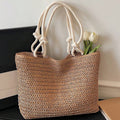 New Fashion Solid Color Straw Woven Easy Style Women'S Shoulder Bag, Large Capacity Versatile Casual Lightweight Travel Tote, Classic Square Bag
