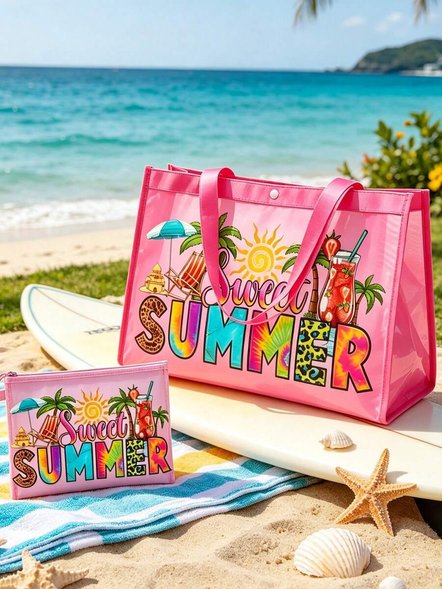 Mesh Tote Bag Set, Printed With Colorful "Sweet Summer" And Sun Fan, Drink, Sun, Coconut Tree Patterns, Mesh Makeup Bag, Beach Handbag, Casual Vacation Bag, Foldable Large Capacity Swim Beach Bag, Cos