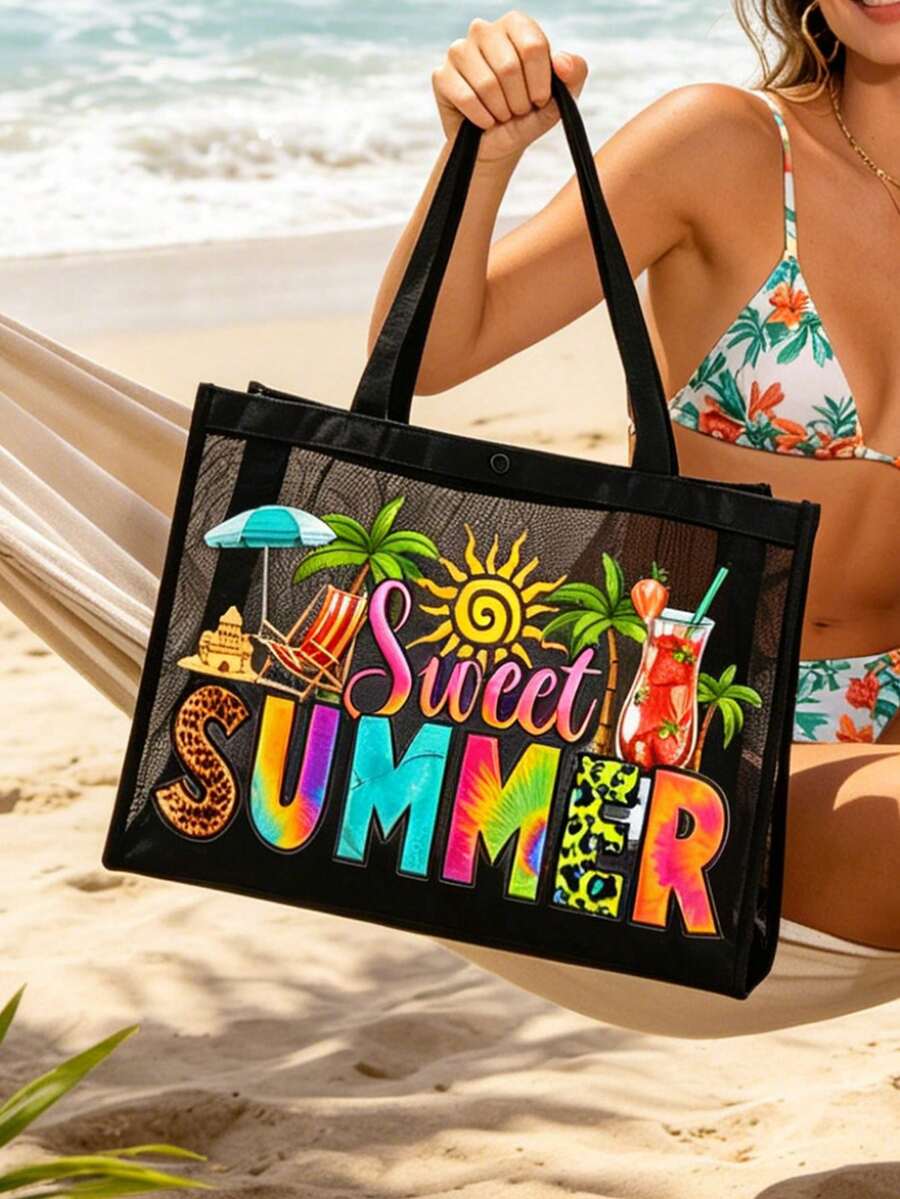 Mesh Tote Bag Set, Printed With Colorful "Sweet Summer" And Sun Fan, Drink, Sun, Coconut Tree Patterns, Mesh Makeup Bag, Beach Handbag, Casual Vacation Bag, Foldable Large Capacity Swim Beach Bag, Cos
