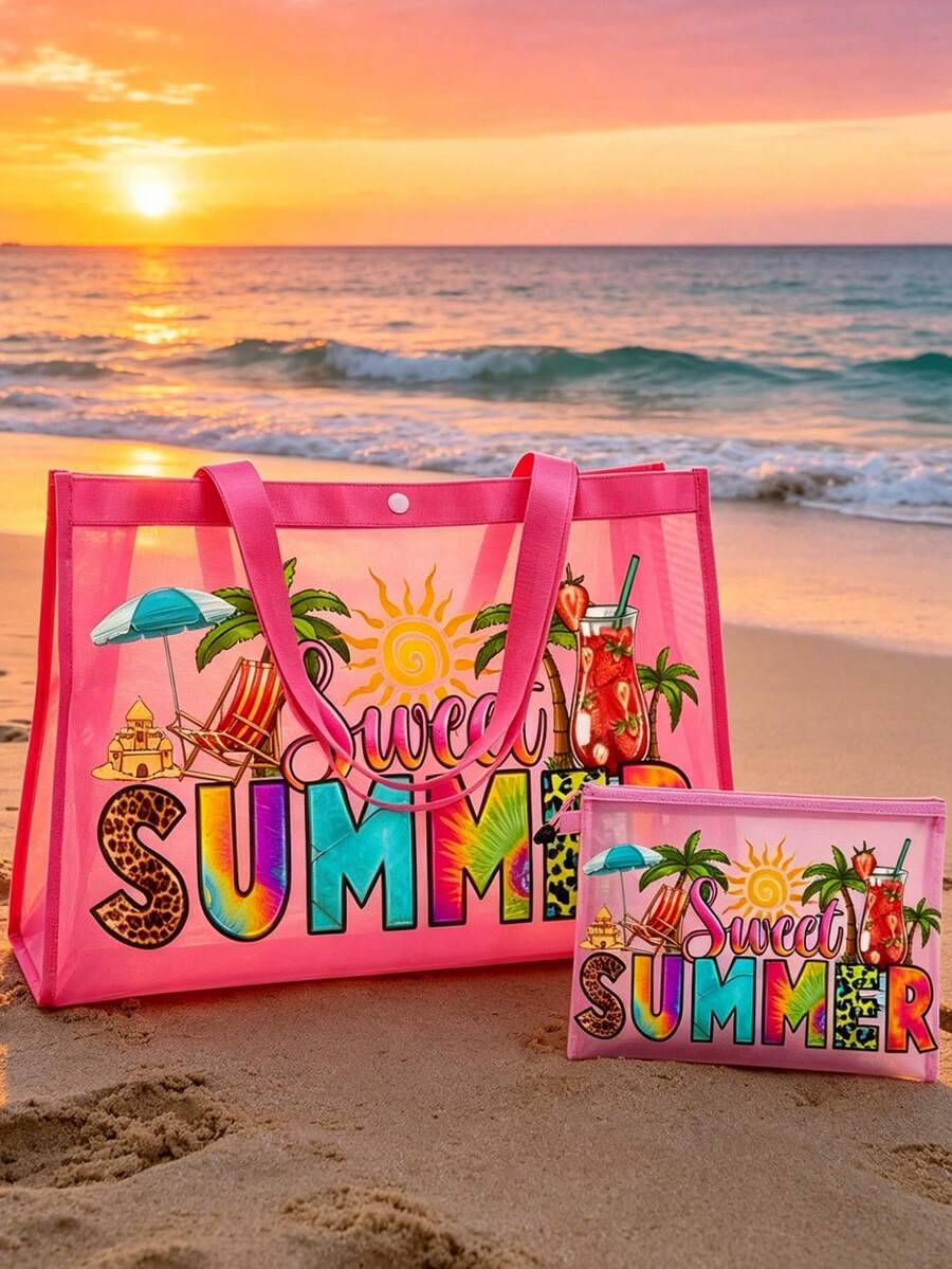 Mesh Tote Bag Set, Printed With Colorful "Sweet Summer" And Sun Fan, Drink, Sun, Coconut Tree Patterns, Mesh Makeup Bag, Beach Handbag, Casual Vacation Bag, Foldable Large Capacity Swim Beach Bag, Cos