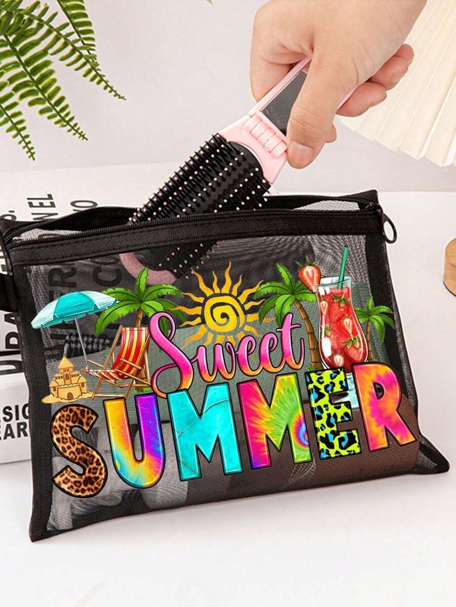 Mesh Tote Bag Set, Printed With Colorful "Sweet Summer" And Sun Fan, Drink, Sun, Coconut Tree Patterns, Mesh Makeup Bag, Beach Handbag, Casual Vacation Bag, Foldable Large Capacity Swim Beach Bag, Cos