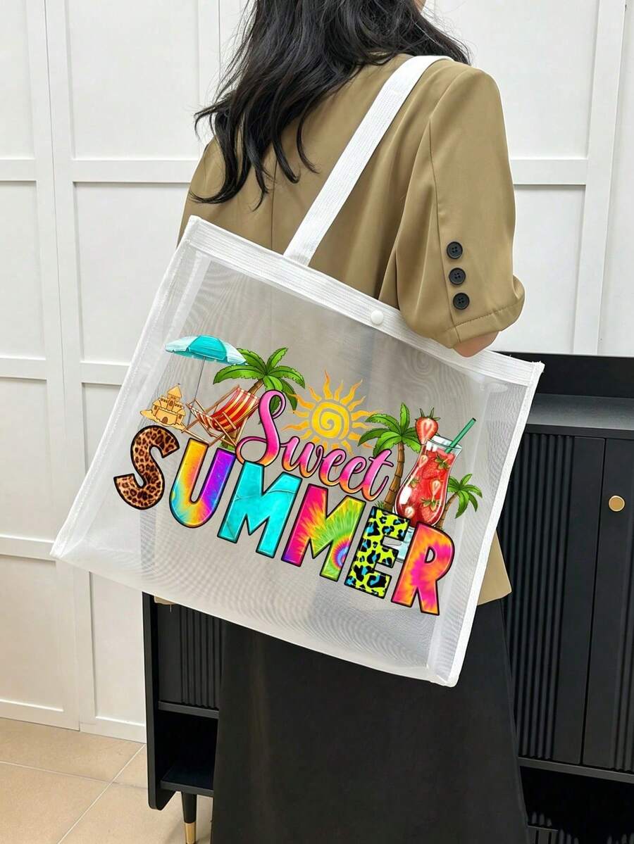 Mesh Tote Bag Set, Printed With Colorful "Sweet Summer" And Sun Fan, Drink, Sun, Coconut Tree Patterns, Mesh Makeup Bag, Beach Handbag, Casual Vacation Bag, Foldable Large Capacity Swim Beach Bag, Cos