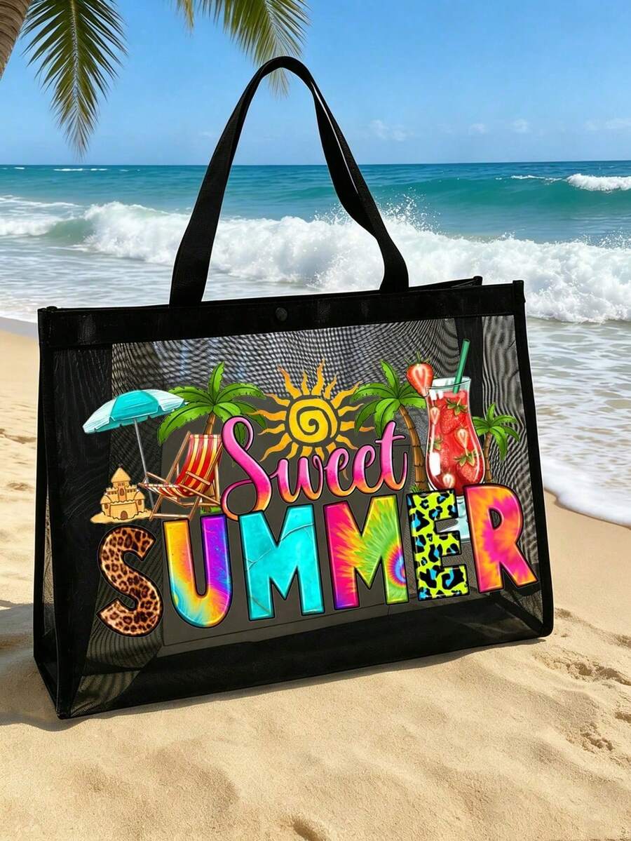 Mesh Tote Bag Set, Printed With Colorful "Sweet Summer" And Sun Fan, Drink, Sun, Coconut Tree Patterns, Mesh Makeup Bag, Beach Handbag, Casual Vacation Bag, Foldable Large Capacity Swim Beach Bag, Cos