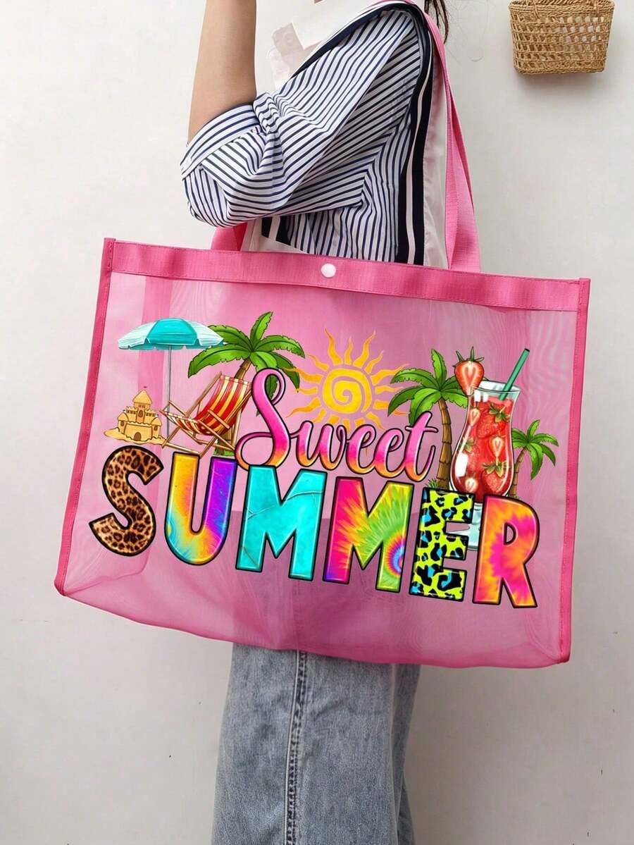 Mesh Tote Bag Set, Printed With Colorful "Sweet Summer" And Sun Fan, Drink, Sun, Coconut Tree Patterns, Mesh Makeup Bag, Beach Handbag, Casual Vacation Bag, Foldable Large Capacity Swim Beach Bag, Cos