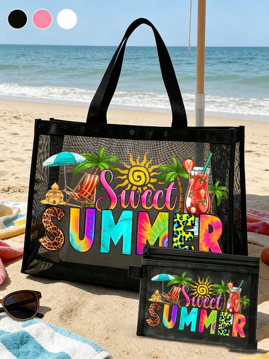 Mesh Tote Bag Set, Printed With Colorful "Sweet Summer" And Sun Fan, Drink, Sun, Coconut Tree Patterns, Mesh Makeup Bag, Beach Handbag, Casual Vacation Bag, Foldable Large Capacity Swim Beach Bag, Cos