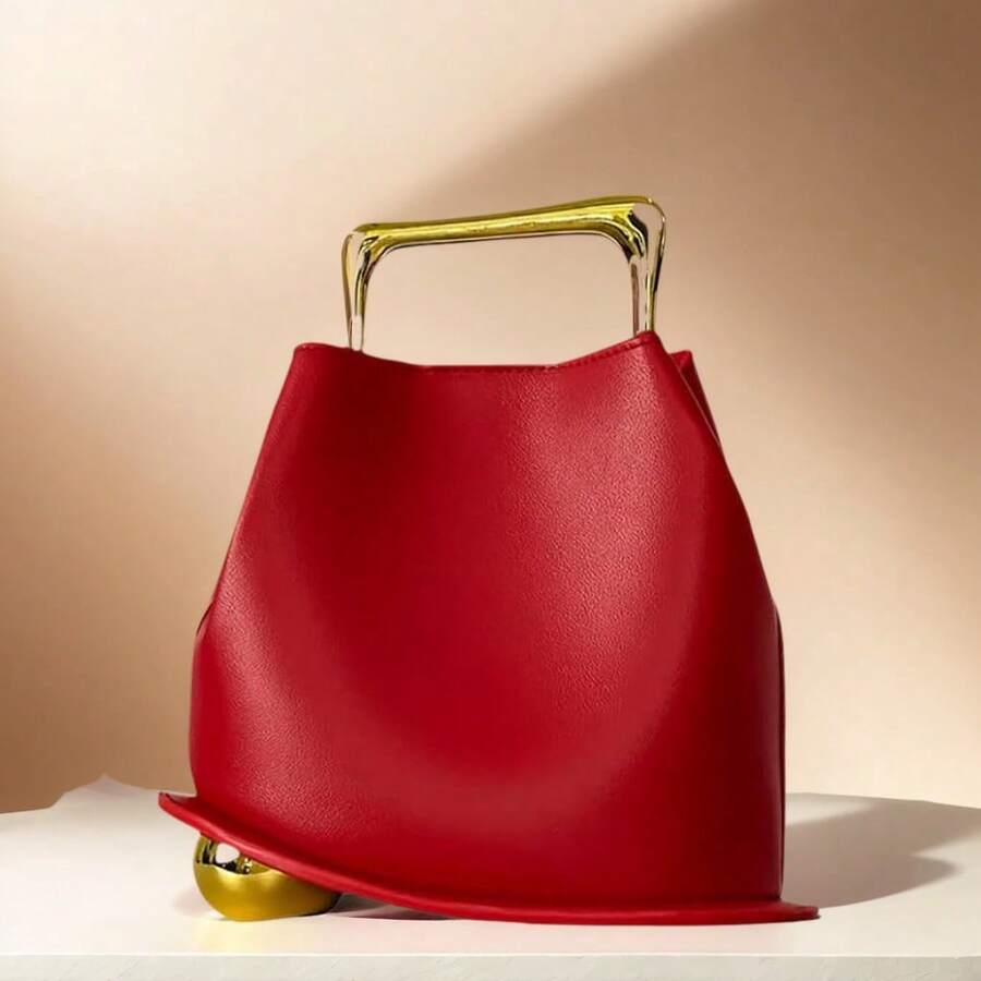 NEW Tote Bag PU Leather Bucket Simple Solid Color Irregular Casual Crossbody Shoulder Bag Shopping High-Grade Vintage Leather Wooden Handle Bucket Bag