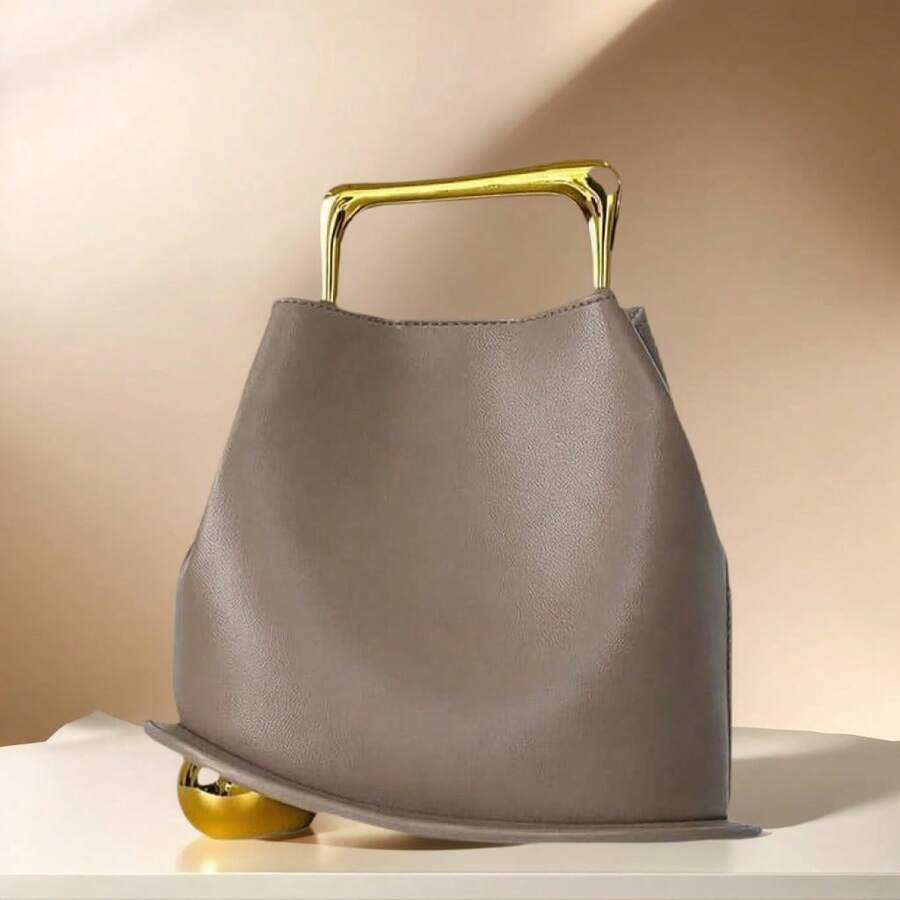 NEW Tote Bag PU Leather Bucket Simple Solid Color Irregular Casual Crossbody Shoulder Bag Shopping High-Grade Vintage Leather Wooden Handle Bucket Bag