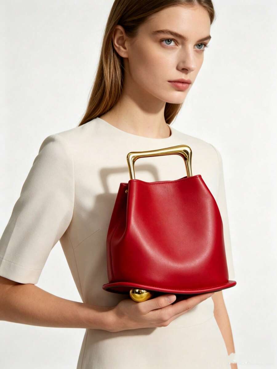 NEW Tote Bag PU Leather Bucket Simple Solid Color Irregular Casual Crossbody Shoulder Bag Shopping High-Grade Vintage Leather Wooden Handle Bucket Bag